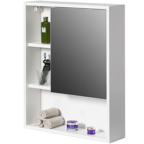 Basicwise Wall Mount Mirrored Cabinet with Open Shelf | 2 Adjustable Shelves Medicine Organizer Storage Furniture for Bathrooms, Kitchens, and Laundry Room, White