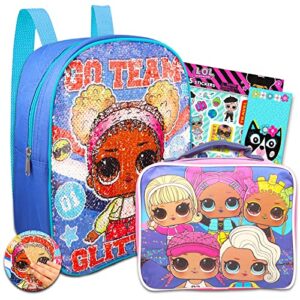 lol surprise mini backpack with lunch box set - 4 pc bundle with 12" lol surprise backpack with reversible sequins, lunch bag, stickers, more | lol backpack for girls
