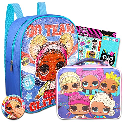 LOL Surprise Mini Backpack with Lunch Box Set - 4 Pc Bundle with 12" LOL Surprise Backpack with Reversible Sequins, Lunch Bag, Stickers, More | LOL Backpack for Girls