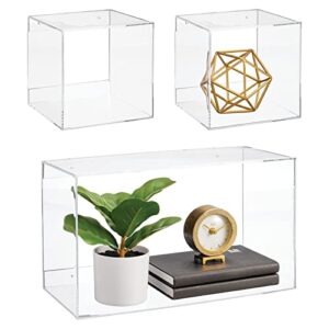 mdesign floating wall mounted shelves, decorative acrylic geometric square/rectangle display for photos, plants, decor - shadow box for bedroom, office, bathroom, lexa collection, set of 3, clear