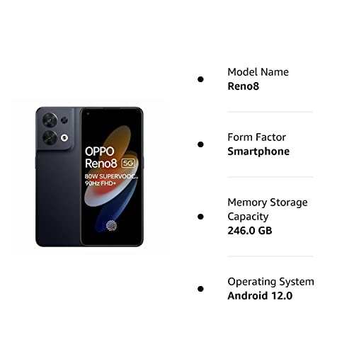 OPPO Reno8 5G Dual 256GB ROM 8GB RAM Factory Unlocked (GSM Only | No CDMA - not Compatible with Verizon/Sprint) Mobile Cell Phone - Black