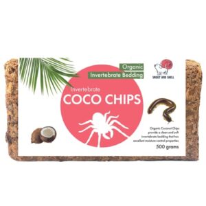 snout and shell organic invertebrate coco chip bedding substrate for tarantulas, spiders, millipedes - natural habitat for tunneling, digging, & enjoying - 500 gm