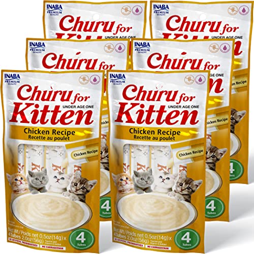 INABA Churu for Kittens, Grain-Free Creamy, Purée Lickable Cat Treats with DHA, EPA, Vitamin E & Taurine, 0.5 Ounces Each, 24 Tubes (4 per Pack), Chicken Recipe