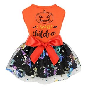 malier halloween dog costumes, i smell children halloween dog tulle dress dog clothes, holiday theme costume dress with pumpkin bat for puppy small dogs and cats (small, orange+black)