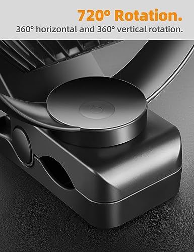 VANPRT 5000mah Clip on Fan, 6'' Portable Rechargeable Battery Fan, 7-30 Working Hours, 3 Speeds Strong Airflow, 720° Rotation, Quiet, Strong Clamp for Desk/Office/Golf/Car/Gym/Treadmill - Black