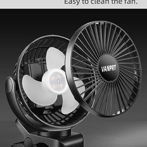 VANPRT 5000mah Clip on Fan, 6'' Portable Rechargeable Battery Fan, 7-30 Working Hours, 3 Speeds Strong Airflow, 720° Rotation, Quiet, Strong Clamp for Desk/Office/Golf/Car/Gym/Treadmill - Black