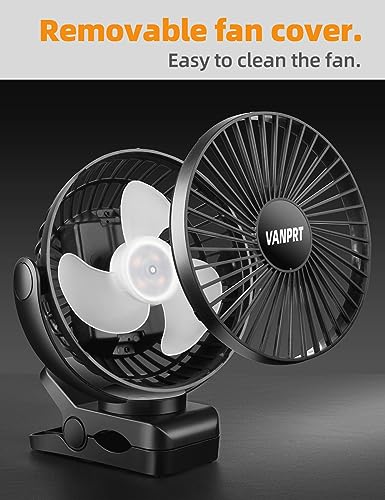 VANPRT 5000mah Clip on Fan, 6'' Portable Rechargeable Battery Fan, 7-30 Working Hours, 3 Speeds Strong Airflow, 720° Rotation, Quiet, Strong Clamp for Desk/Office/Golf/Car/Gym/Treadmill - Black