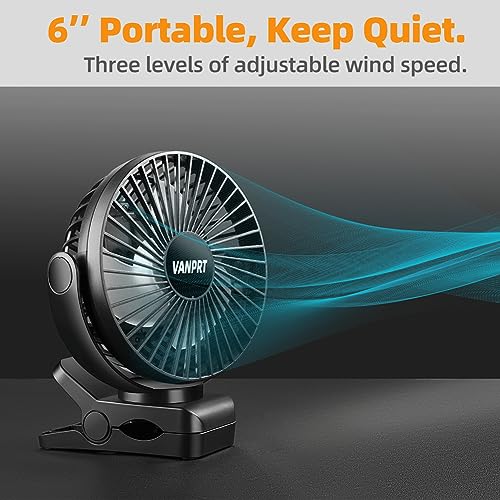 VANPRT 5000mah Clip on Fan, 6'' Portable Rechargeable Battery Fan, 7-30 Working Hours, 3 Speeds Strong Airflow, 720° Rotation, Quiet, Strong Clamp for Desk/Office/Golf/Car/Gym/Treadmill - Black