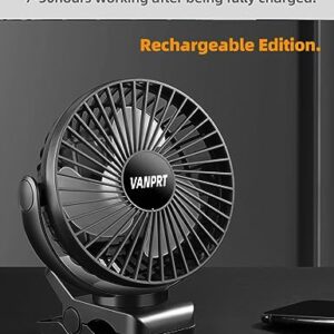 VANPRT 5000mah Clip on Fan, 6'' Portable Rechargeable Battery Fan, 7-30 Working Hours, 3 Speeds Strong Airflow, 720° Rotation, Quiet, Strong Clamp for Desk/Office/Golf/Car/Gym/Treadmill - Black