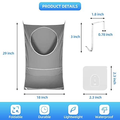 2 PCS Hanging Laundry Hamper Bags Laelr Over Door Laundry Bag with Stainless Steel Hooks and Self-adhesive Hooks Large Laundry Organizer with Zipper for Holding Dirty Clothes and Saving Space 29x18''