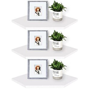 pocurban 12" floating corner shelves set of 3,wall mounted storage shelf with white painted finish for small plant, photo frame, toys tv accessories, speaker, cable box, game console and more