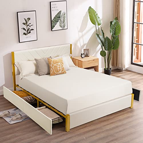 Giantex Full Size Upholstered Bed Frame, Wooden Slatted Bed with Adjustable Headboard & 4 Storage Drawers, Deluxe Platform Bed Frame with 1300 LBS Weight Capacity, No Box Spring Needed, Gold&Beige