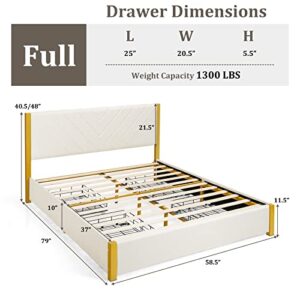 Giantex Full Size Upholstered Bed Frame, Wooden Slatted Bed with Adjustable Headboard & 4 Storage Drawers, Deluxe Platform Bed Frame with 1300 LBS Weight Capacity, No Box Spring Needed, Gold&Beige