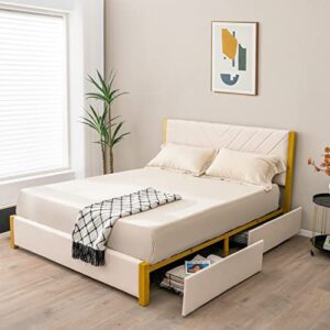 Giantex Full Size Upholstered Bed Frame, Wooden Slatted Bed with Adjustable Headboard & 4 Storage Drawers, Deluxe Platform Bed Frame with 1300 LBS Weight Capacity, No Box Spring Needed, Gold&Beige