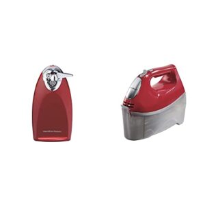 hamilton beach electric automatic can opener, red & 6-speed electric hand mixer, beaters and whisk, with snap-on storage case, red