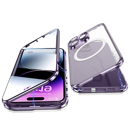 Case for iPhone 14 Pro Max, Jonwelsy 360 Degree Double-sided Protection Compatible with Magsafe Magnetic Adsorption Metal Bumper Front Tempered Glass Back Frosted PC Cover for 14 Pro Max 6.7" (Purple)