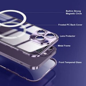 Case for iPhone 14 Pro Max, Jonwelsy 360 Degree Double-sided Protection Compatible with Magsafe Magnetic Adsorption Metal Bumper Front Tempered Glass Back Frosted PC Cover for 14 Pro Max 6.7" (Purple)