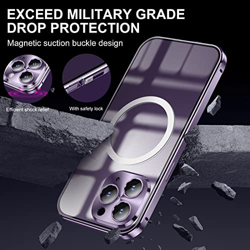 Case for iPhone 14 Pro Max, Jonwelsy 360 Degree Double-sided Protection Compatible with Magsafe Magnetic Adsorption Metal Bumper Front Tempered Glass Back Frosted PC Cover for 14 Pro Max 6.7" (Purple)