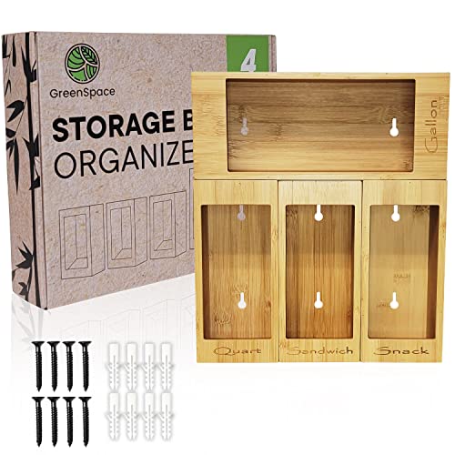 GreenSpace Bamboo Food Storage Bag Organizer (4 box set) for Kitchen Counter, Drawer, or Wall Mounted - Compatible With Gallon, Quart, Sandwich & Snack Bags