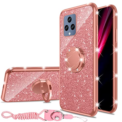 nancheng for T-Mobile Revvl 6 5G Case (Not Revvl 6 Pro 5G), Case for Revvl 6 5G Girls Women Glitter Cute Luxury Soft Silicone Clear Cover with Ring Stand Shockproof Protective Phone Case - Rose Gold