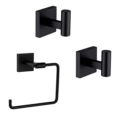 KOKOSIRI Robe Hooks Bathroom Towel Hook 2 Pack Bath Towel Rings Hand Towel Holder Matte Black B1013BK-P2+B3007BK