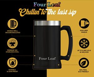 four leaf beer mug with handle - 24 oz mug vacuum insulated, stainless steel - insulated coffee mug, beer stein, beer cup, travel mug, coffee tumbler (black)