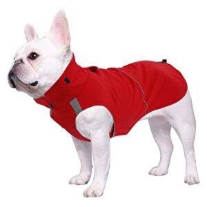 Brabtod French Bulldog Clothes Dog Coat Waterproof with Harness Hole Warm Adjustable Fleece Lined Dog Jacket,Winter Apparel Vest for English Bulldog Boston Terrier Bully Pitbull Corgi-Red-XL