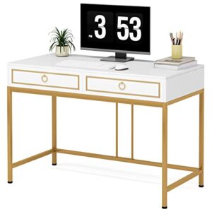 tribesigns computer desk with 2 drawers, 41.34” modern simple white and gold writing desk with storage drawers, makeup vanity console table study desk for home office