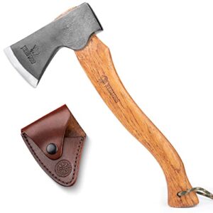 nedfoss 15" hatchet, chopping axes and hatchets for wood splitting and kindling, forged carbon steel bushcraft axe head beech wood handle, retro leather sheath