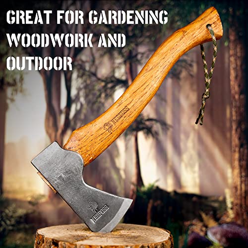 NedFoss 15" Hatchet, Chopping Axes and Hatchets for Wood Splitting and Kindling, Forged Carbon Steel Bushcraft Axe Head Beech Wood Handle, Retro Leather Sheath