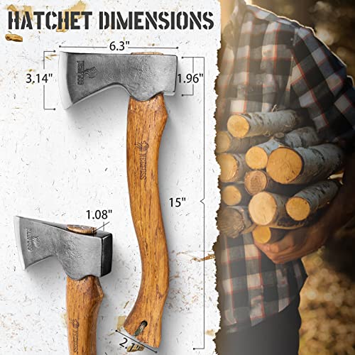 NedFoss 15" Hatchet, Chopping Axes and Hatchets for Wood Splitting and Kindling, Forged Carbon Steel Bushcraft Axe Head Beech Wood Handle, Retro Leather Sheath