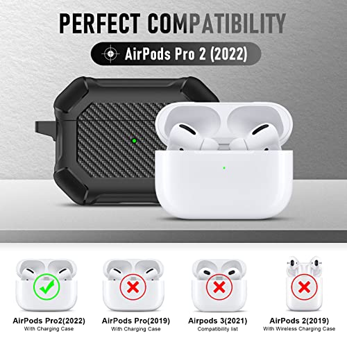 Maxjoy for AirPods Pro 2nd Generation Case 2022, Carbon Fiber Secure Lock Clip Full Body Shockproof Hard Shell Protective Case Cover with Keychain for Apple AirPod Pro 2, Black