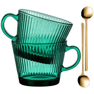 buaic glass coffee mugs, 14 oz set of 2 vertical stripes green glass cups stackable coffee cups, tea cups, vintage mugs for cappuccino, latte,cereal,beverage hot/cold birthday day gifts