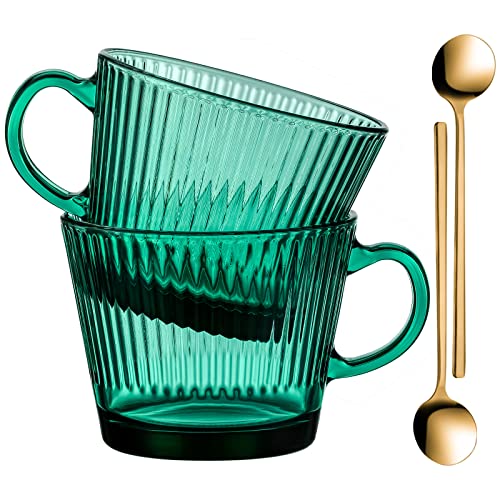 Buaic Glass Coffee Mugs, 14 Oz Set of 2 Vertical Stripes Green Glass Cups Stackable Coffee Cups, Tea Cups, Vintage Mugs for Cappuccino, Latte,Cereal,Beverage Hot/Cold Birthday Day Gifts