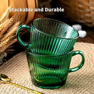 Buaic Glass Coffee Mugs, 14 Oz Set of 2 Vertical Stripes Green Glass Cups Stackable Coffee Cups, Tea Cups, Vintage Mugs for Cappuccino, Latte,Cereal,Beverage Hot/Cold Birthday Day Gifts