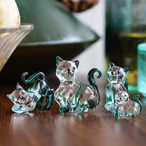 HDCRYSTALGIFTS Blown Glass Cat Figurines Collectibles Pack of 4 Emerald Green Crystal Kitty Animal Statue Kitten Sculpture