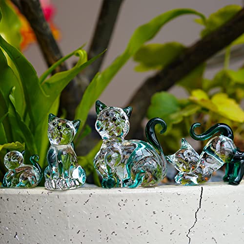 HDCRYSTALGIFTS Blown Glass Cat Figurines Collectibles Pack of 4 Emerald Green Crystal Kitty Animal Statue Kitten Sculpture