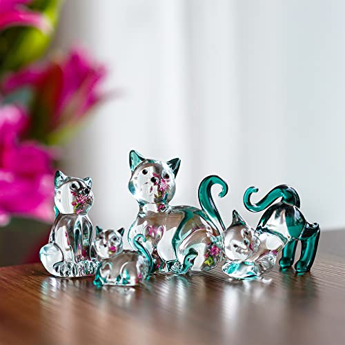 HDCRYSTALGIFTS Blown Glass Cat Figurines Collectibles Pack of 4 Emerald Green Crystal Kitty Animal Statue Kitten Sculpture