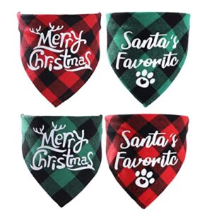 ciivurr 4 pack dog christmas bandanas classic plaid pet scarf triangle bibs kerchief red green dog gift, merry christmas santa‘s favorite print adjustable nylon dog bandanas for puppy cats pets