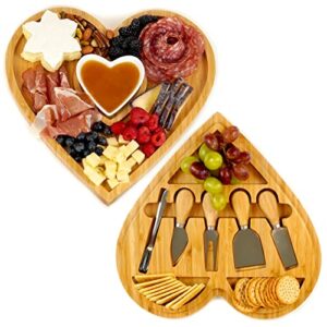 heart shaped charcuterie board set - bamboo cheese board and knife set - cheese tray for serving at parties - housewarming, wedding, thanksgiving, christmas, anniversary, valentine’s gift
