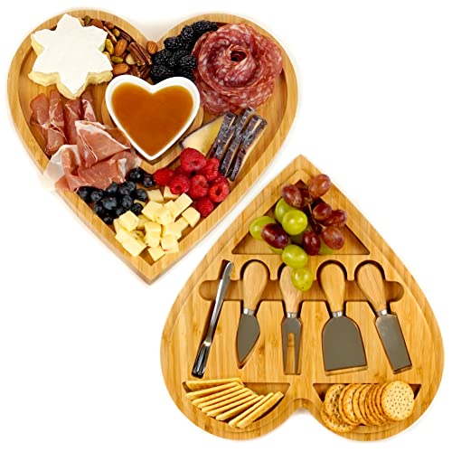 Heart Shaped Charcuterie Board Set - Bamboo Cheese Board and Knife Set - Cheese Tray for Serving at Parties - Housewarming, Wedding, Thanksgiving, Christmas, Anniversary, Valentine’s Gift