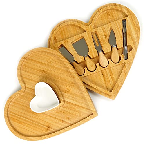 Heart Shaped Charcuterie Board Set - Bamboo Cheese Board and Knife Set - Cheese Tray for Serving at Parties - Housewarming, Wedding, Thanksgiving, Christmas, Anniversary, Valentine’s Gift