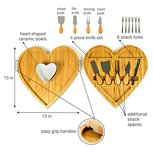 Heart Shaped Charcuterie Board Set - Bamboo Cheese Board and Knife Set - Cheese Tray for Serving at Parties - Housewarming, Wedding, Thanksgiving, Christmas, Anniversary, Valentine’s Gift