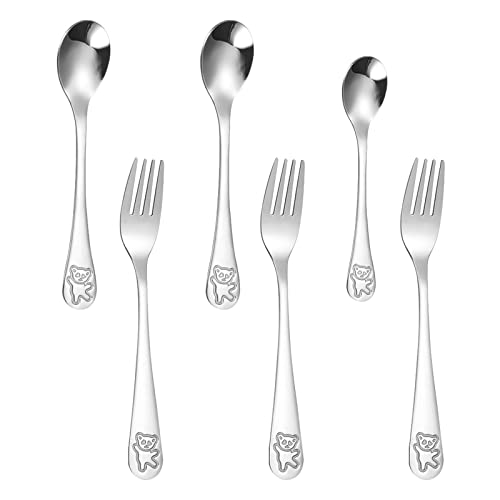 HAOBAOBEI Kids Silverware Set, Set of 6 Stainless Steel Kids Utensils Forks and Spoons Set, Lunch Box Utensils Set Kids, Metal Utensil Set for 12 Years +, Dishwasher Safe, Mirror Polished, Cute Bear