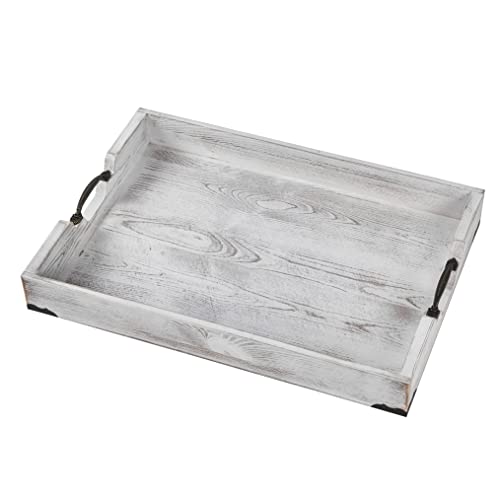 Large Wood Rectangular Serving Tray 20 x 14 Inch Rustic Wooden Ottoman Tray with Metal Handle and Wrapped Corners, Wood Coffee Table Tray Solid Pine Decorative Tray Whitewashed