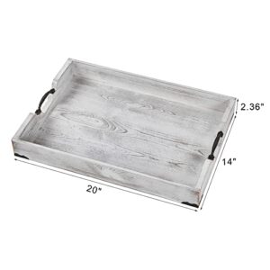 Large Wood Rectangular Serving Tray 20 x 14 Inch Rustic Wooden Ottoman Tray with Metal Handle and Wrapped Corners, Wood Coffee Table Tray Solid Pine Decorative Tray Whitewashed