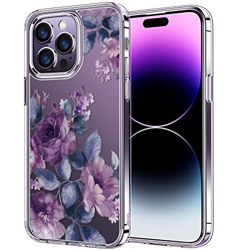 Bicol Hybrid iPhone 14 Pro Max Case Clear Fashion Designs Phone Cover for Women Girls, Stylish Slim Shockproof Hard PC+TPU Bumper Flower Protective Phone Case for iPhone 14 Pro Max 6.7" Purple Flowers