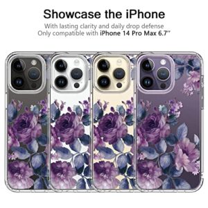 Bicol Hybrid iPhone 14 Pro Max Case Clear Fashion Designs Phone Cover for Women Girls, Stylish Slim Shockproof Hard PC+TPU Bumper Flower Protective Phone Case for iPhone 14 Pro Max 6.7" Purple Flowers