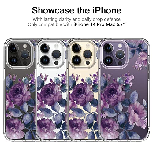 Bicol Hybrid iPhone 14 Pro Max Case Clear Fashion Designs Phone Cover for Women Girls, Stylish Slim Shockproof Hard PC+TPU Bumper Flower Protective Phone Case for iPhone 14 Pro Max 6.7" Purple Flowers