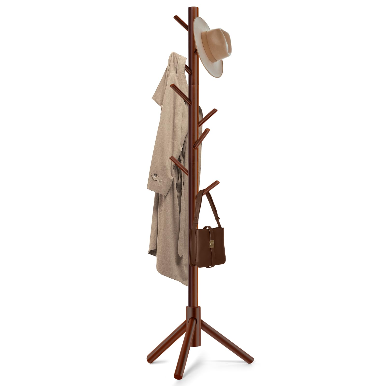 WANGMUXIA High-Grade Wooden Coat Rack, Freestanding Coat Rack with 8 Hooks and 3 Adjustable Size Tree Coat Racks for Bedroom, Hallway, Entrance, Office, for Hats, Coats, Scarves, Handbags